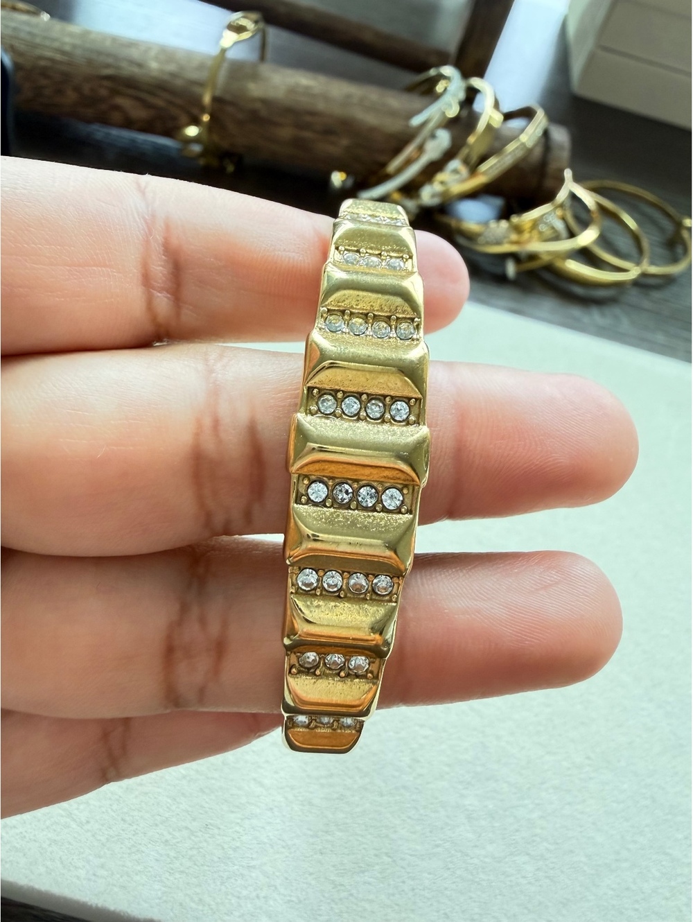Non-Tarnish 18K Gold Plated Geometric Crystal Bangle